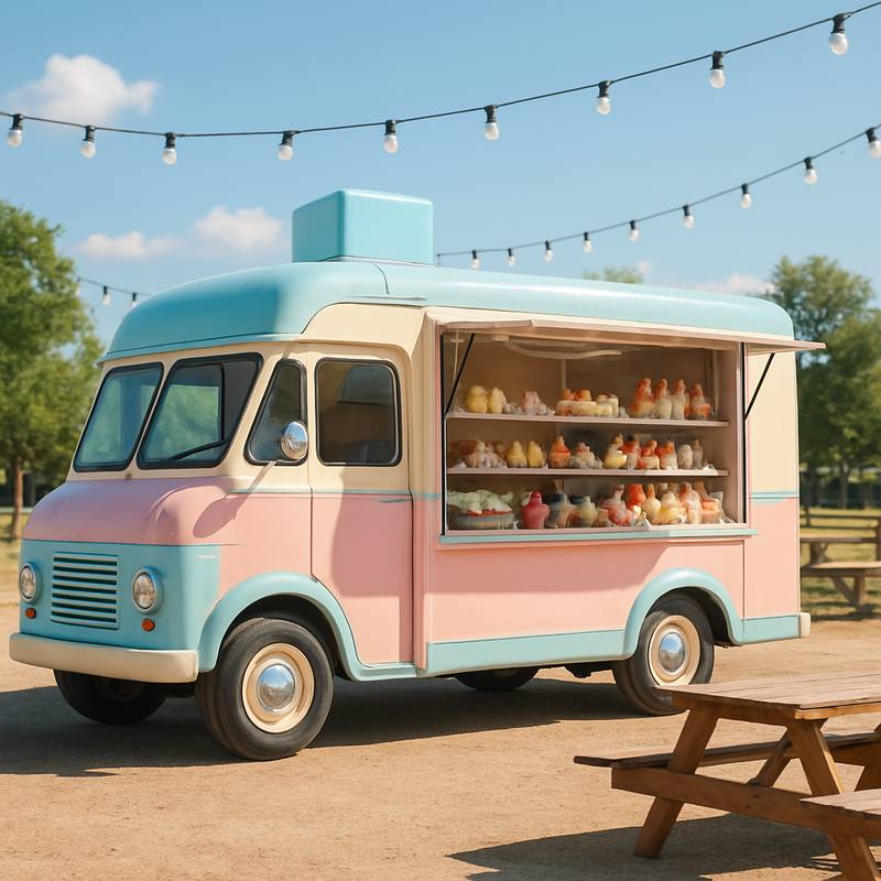 A dessert food truck with an open service window at a sunny food truck park
